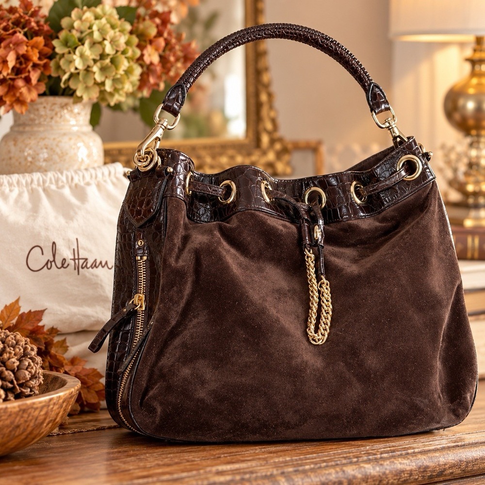Cole Haan Brown Suede Leather Hobo Bucket Bag Gold Hardware Dust Bag